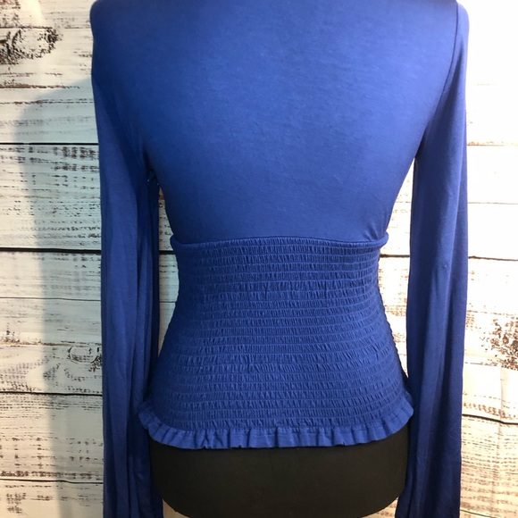 Blue Long Sleeve Blouse with Tie Front Ruffles and Smocked Waist - Picture 7 of 11